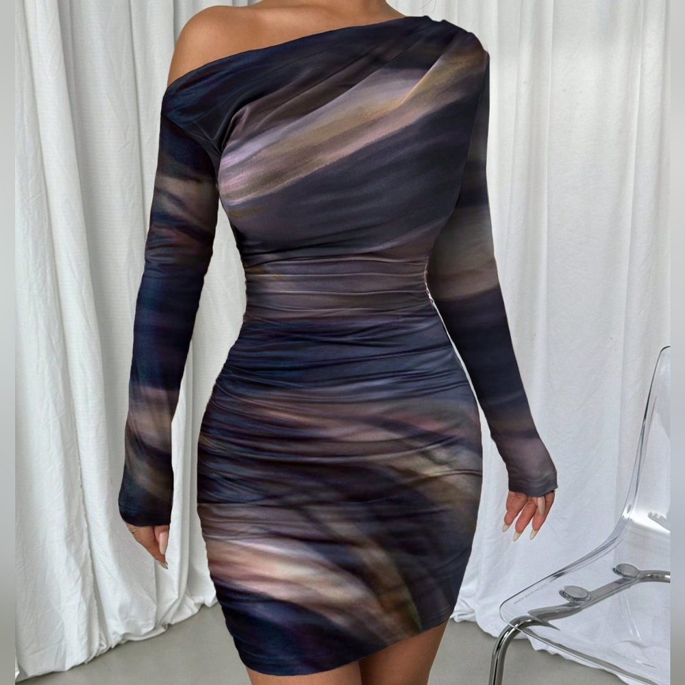 Asymmetrical Neck Long Sleeve Dress - Picture 3 of 5